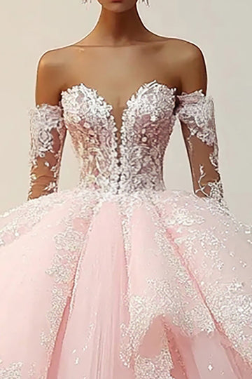 Princesse Rose Bal Robe Sans Bretelles À Volants Appliques Tulle Quinceanera Robe À Manches Détachables